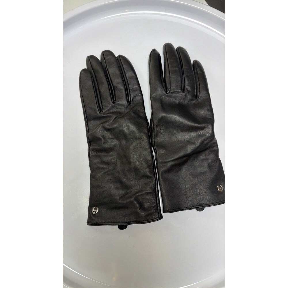 Etienne Aigner Women’s Black Leather Gloves Size L 100% Cashmere Lined